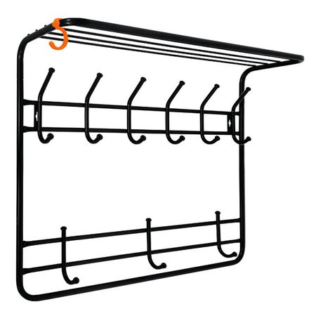 вешалка настенная с полкой 2-х ярусная 9 крючков 730х580х220мм черная