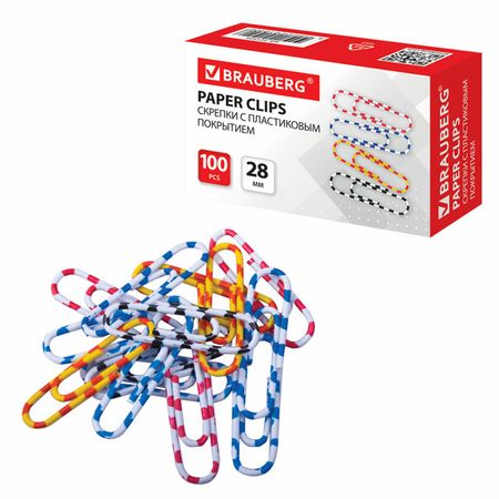 скрепки BRAUBERG 28мм 100шт мультиколор