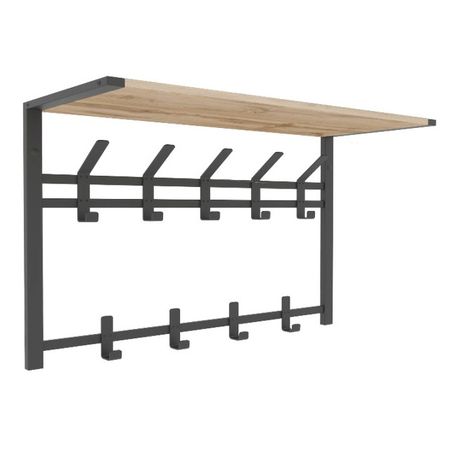 вешалка настенная с полкой 2-х ярусная ТОРОНТО 9 крючков 670х270х545мм металл/ЛДСП черная/дуб вотан