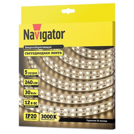 светодиодная лента Navigator 240 LED/м, 30 Вт, IP20, готовая, 5 м, теплый белый свет