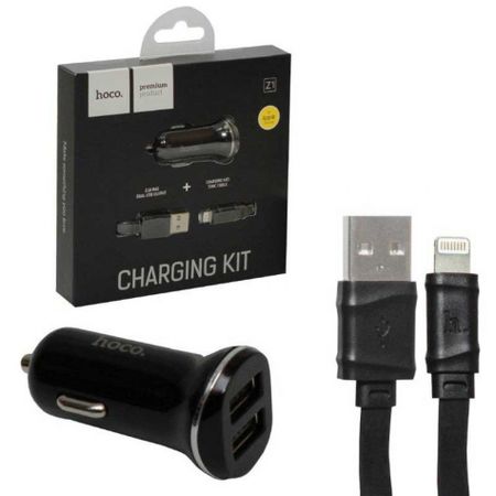 Автомобильное зарядное устройство Hoco Z1 2xUSB/кабель USB- Lightning 2.1A (черный)