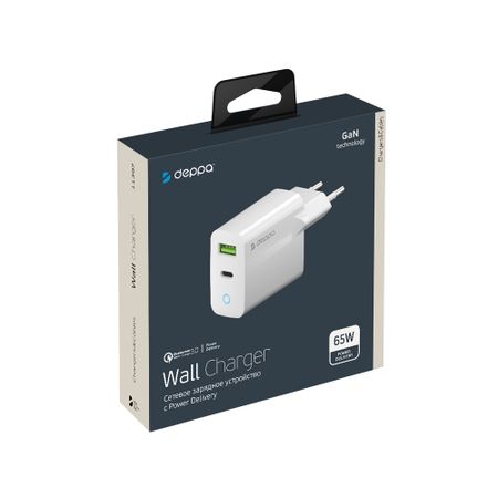 Сетевое зарядное устройство Deppa Wall charger (11397) 65W/ 5A (USB-A/ Type-C/ PD 3.0/ QC 3.0) с индикатором (белый)