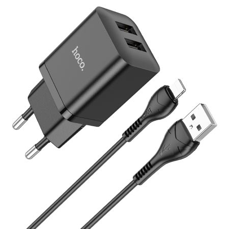 Сетевое зарядное устройство Hoco (N25) Maker 2xUSB/2.1A + кабель Lightning (белый)