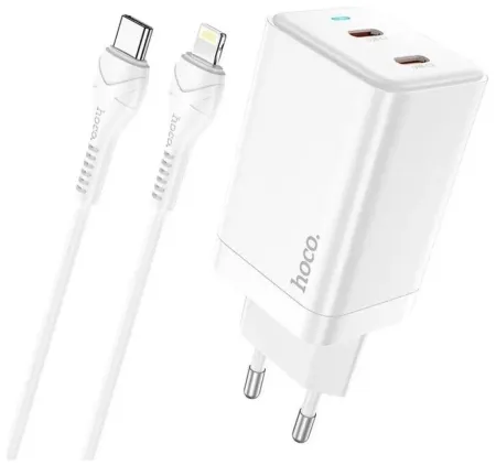 Сетевое зарядное устройство Hoco (N23) GaN 45W 2хType-C+кабель Type-C/Lightning 1m (белый)