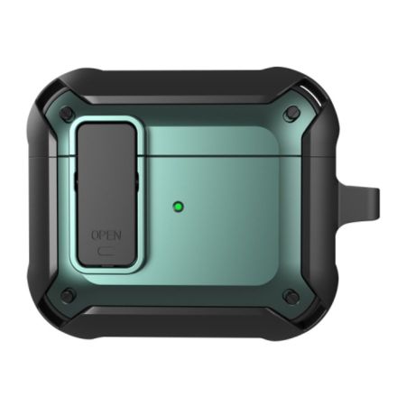Чехол WiWU Mecha для AirPods 3 противоударный с карабином (черный/зеленый)