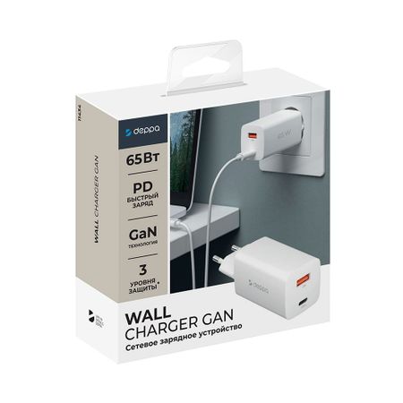 Сетевое зарядное устройство Deppa (11434) Wall charger gan 65W 3.0А USB/Type-C (белый)