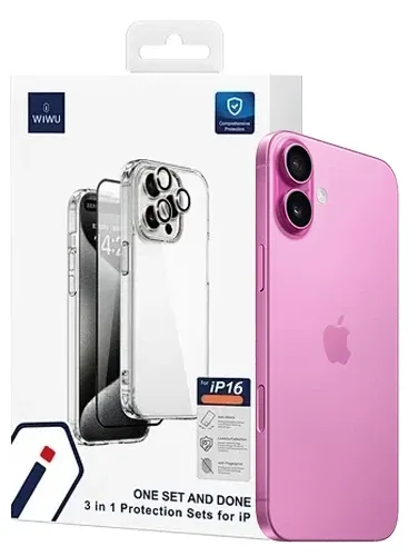 Комплект защиты 3 в 1 Wiwu (WI-IP001) для Apple iPhone 16 Plus (чехол/стекло/стекло для камеры)