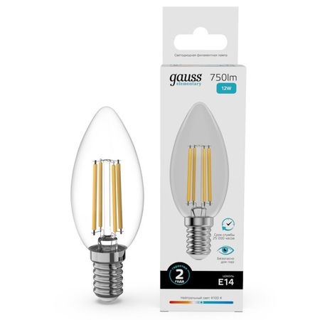 лампа филаментная GAUSS Filament Elementary 12Вт Е14 LED 750Лм 4100К свеча