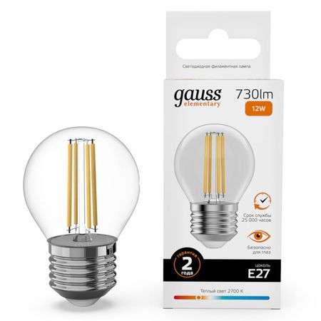 лампа филаментная GAUSS Filament Elementary 12Вт Е27 LED 730Лм 2700К шар