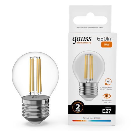 лампа филаментная GAUSS Filament Elementary 10Вт Е27 LED 650Лм 2700К шар