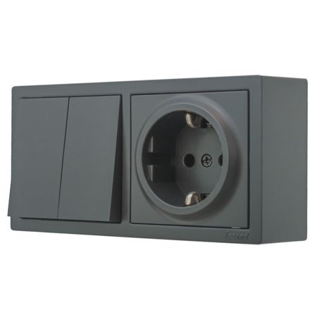 блок выключатель 2-клавишный и розетка с/з LEZARD Leto графит
