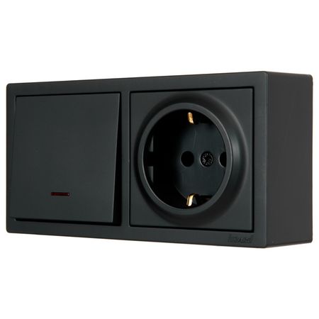 блок выключатель 1-клавишный и розетка LEZARD Leto с/з с/и чёрный бархат