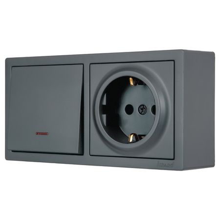 блок выключатель 1-клавишный и розетка LEZARD Leto с/з с/и графит