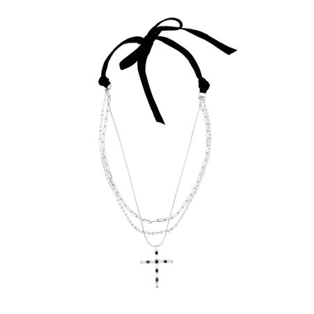 FREE FORM Колье Silver Layered Necklace With A Cross And Black Crystals