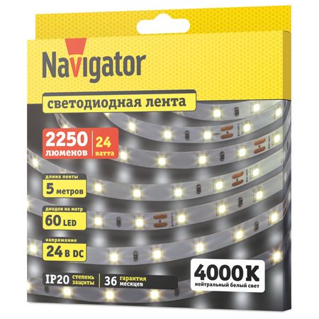 лента светодиодная NAVIGATOR LED 4,8Вт 2835 IP20 24В 4000К 5м