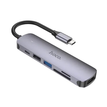 Переходник Hoco (HB28) Type-C на HDMI/USB3.0/USB2.0/USB-C/MicroSD/SD (Metal Gray)