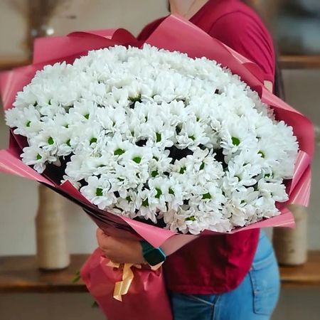 Букет живых цветов AZALIANOW ЦВЕТЫ. ПОДАРКИ. ДЕКОР Букет из 19 белых кустовых ромашковых хризантем в упаковке