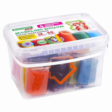 Пластилин BRAUBERG Пластилин тесто для лепки  KIDS 6 формочек, 1 скалка, ведерко