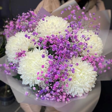 Букет живых цветов ДАРИ ЦВЕТЫ Хризантемы с гипсофилой