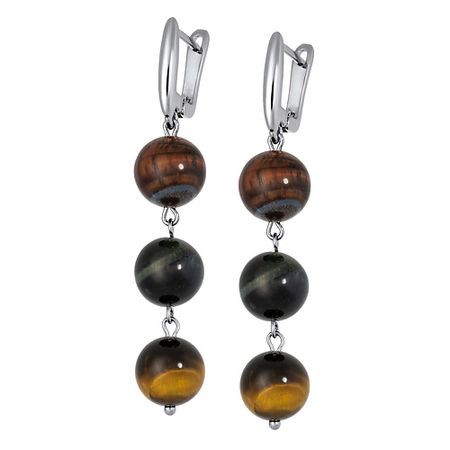 Серьги KOSHIKA Серьги с натуральным тигровым, соколиным, бычьим глазом Триглаз (12мм)