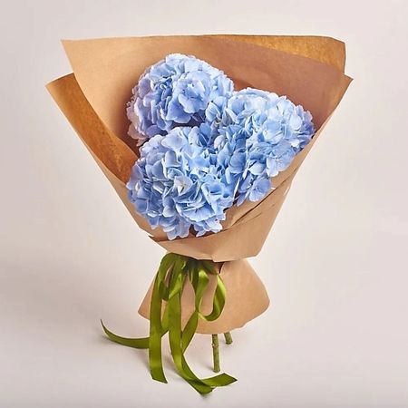 Букет живых цветов AZALIANOW ЦВЕТЫ. ПОДАРКИ. ДЕКОР Букет из 3 голубых гортензий в крафт-бумаге