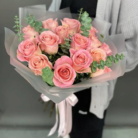 Букет живых цветов 4 СЕЗОНА Дуобукет из роз и эвкалипта