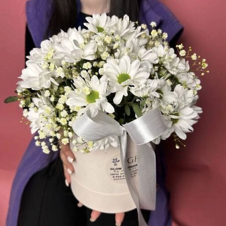 Букет живых цветов GLOW FLOWERS Композиция из хризантем и гипсафилы в коробке, нежная композиция