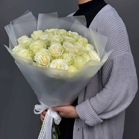 Букет живых цветов 4 СЕЗОНА Монобукет из 25 белых роз