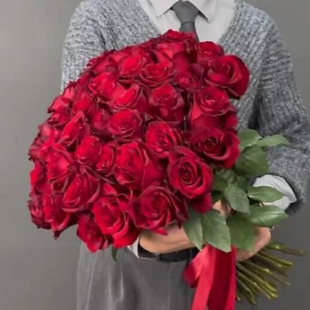 Букет живых цветов 4 СЕЗОНА Монобукет из 51 алой розы