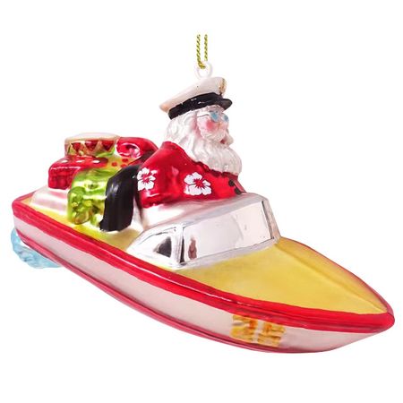 подвеска Санта на лодке 7см стекло красно-белый