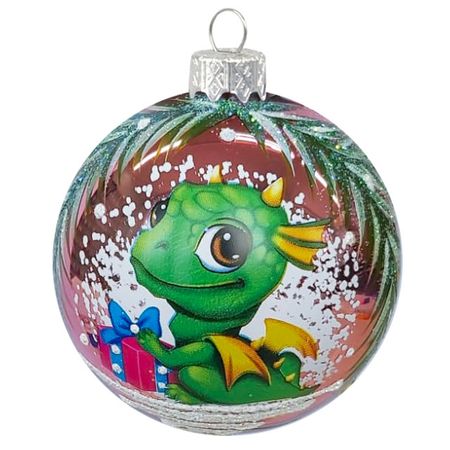 шар 65мм Символ года Дракончик с подарочком стекло