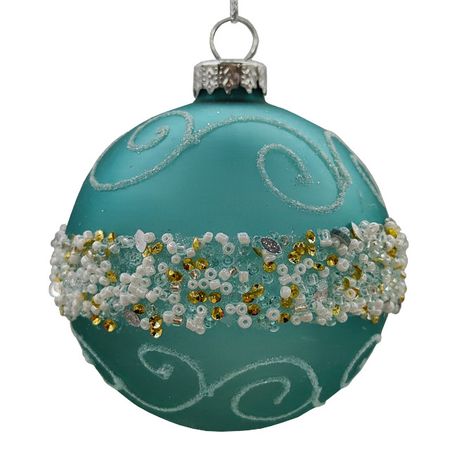 шар MAXIJOY Узоры с бусинами и пайетками 80мм стекло голубой