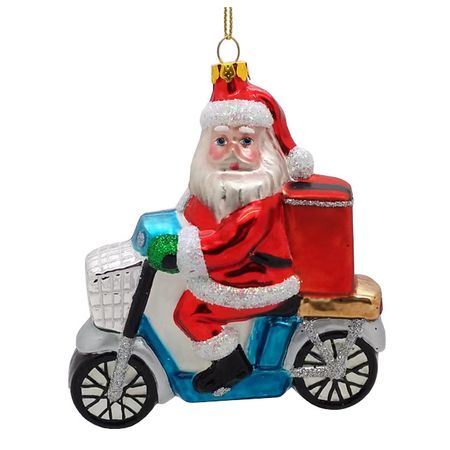 подвеска Санта на велосипеде 12см красно-голубая стекло