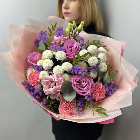 Букет живых цветов FLORES Яркий букет с розами и махровой эустомой