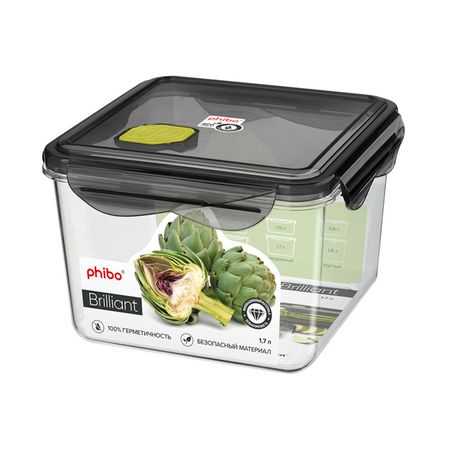 контейнер для продуктов PHIBO Brilliant 1,7л 16х16х11,1см 4 замка квадратный с клапаном пластик