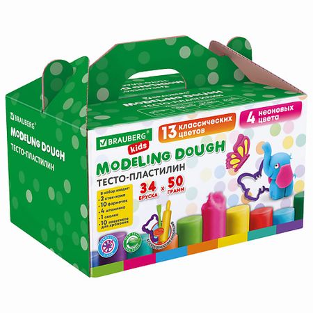 Пластилин BRAUBERG Пластилин тесто для лепки  KIDS 2 стека, 10 формочек, 4 штампика