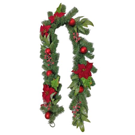 гирлянда еловая MAXIJOY 182см с пуансеттиями и шариками