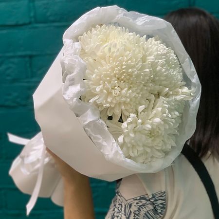 Букет живых цветов ЦВЕТЫ МИШКИ Букет 5 белых хризантем