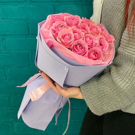 Букет живых цветов ЦВЕТЫ МИШКИ Букет из 15 розовых роз