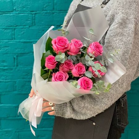 Букет живых цветов ЦВЕТЫ МИШКИ Букет из розы и эвкалипта