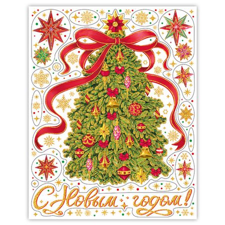 наклейка на окно Елочка 30х38см с глиттером с раскраской