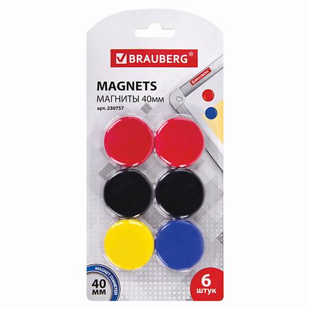 Набор магнитов BRAUBERG Магниты БОЛЬШОГО ДИАМЕТРА АССОРТИ 6 шт.