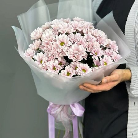 Букет живых цветов 4 СЕЗОНА Монобукет из 15 розовых кустовых хризантем
