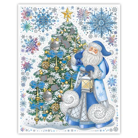 наклейка на окно Дед Мороз и елочка 30х38см с глиттером  с раскраской