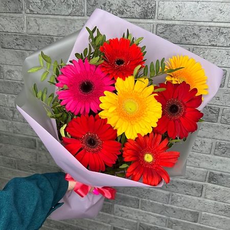 Букет живых цветов ЦВЕТЫ ПЕРМИ Букет из 7 гербер с зеленью