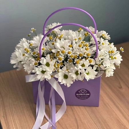 Букет живых цветов GLOW FLOWERS Сумочка с ромашками