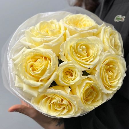 Букет живых цветов FLORES Кремовая пионовидная Роза CANDLELIGHT - 9 роз в воздушной упаковке